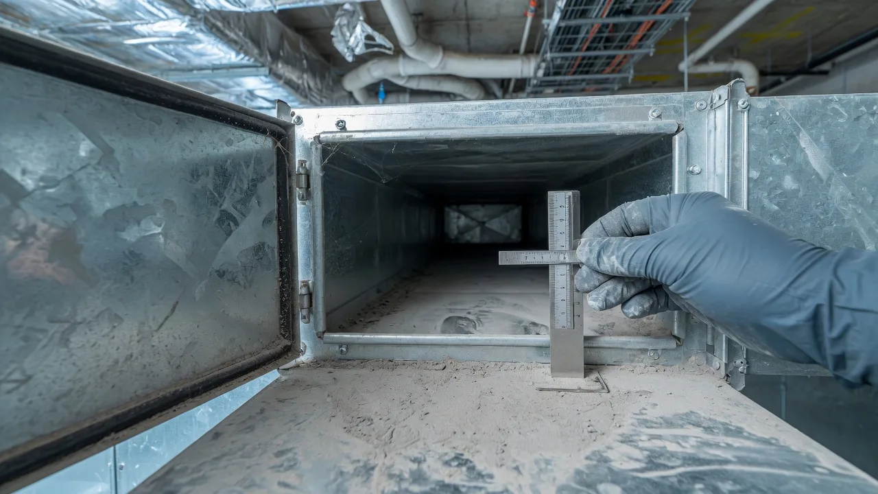 Gloved hand measuring dust deposit depth inside an open ventilation duct during a hygiene survey