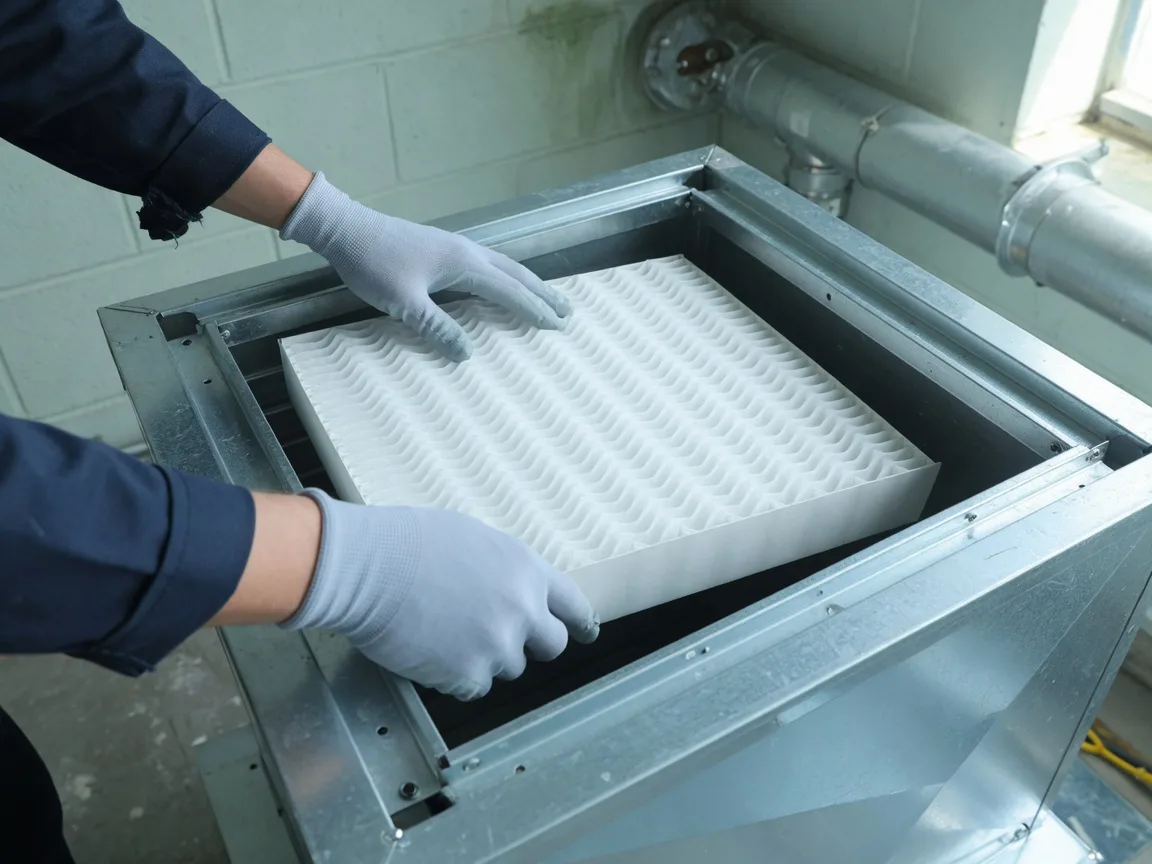 Engineer fitting a new white pleated filter into an air handling unit