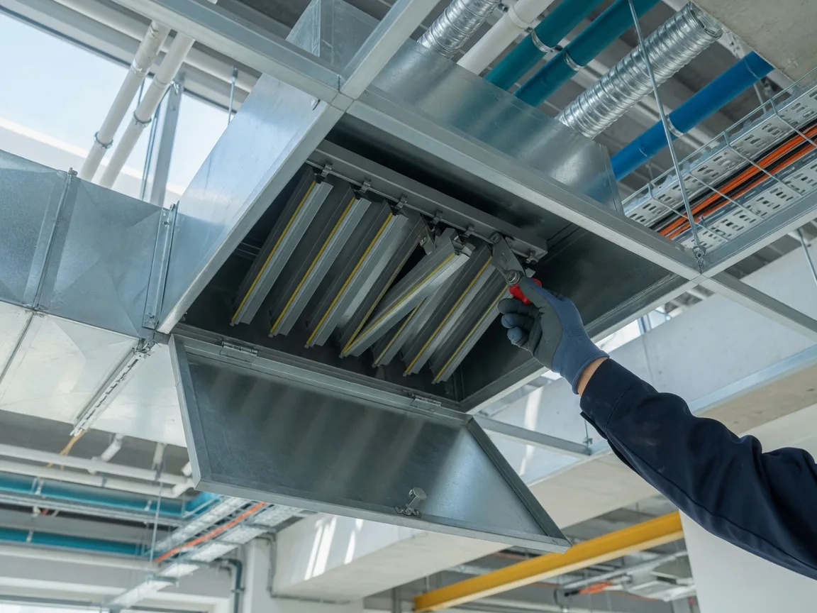 Engineer reaching through a duct access panel to drop test a fire damper